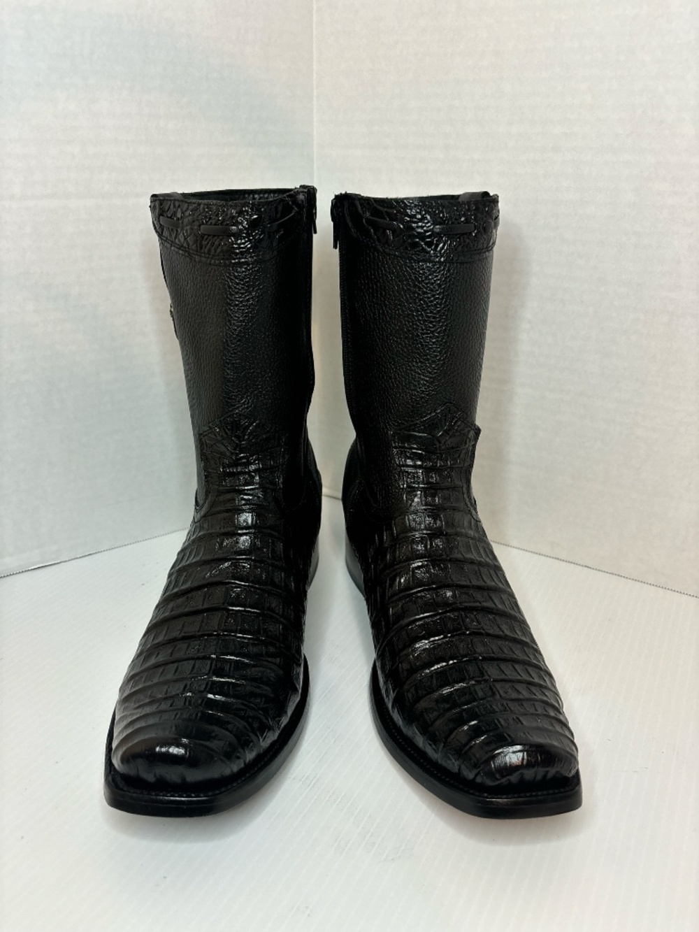 Mens Cowboy Boots Black Imitation Cayman Crocodile Genuine Cow Leather Dubai Toe